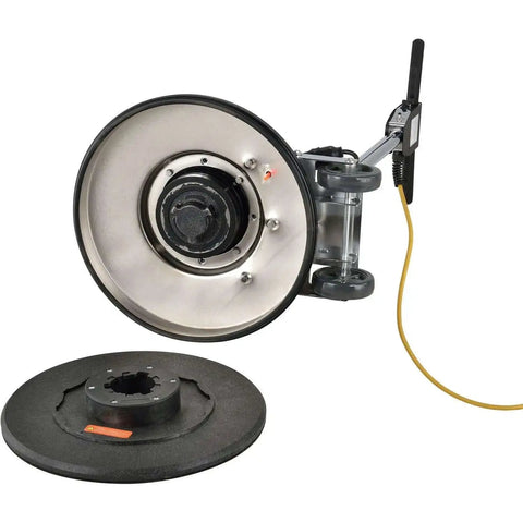Corded Dual Speed Floor Machine Workhorse With 20 Inch Cleaning Width Stainless Steel Build Heavy Duty 1.5 HP Motor All Steel Gearbox And 50 Foot Safety GFCI Power Cord For Versatile Commercial Floor Care showing bottom view with circular attachment.