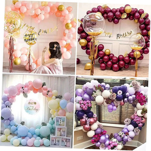 Four colorful balloon arch decorations for weddings and parties, showcasing flexible, reusable poles in various arrangements.
