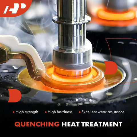 Close-up of quenching heat treatment process for metal part, showcasing a glowing orange ring and part of machinery.