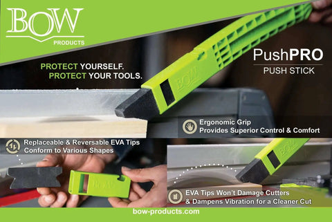 PushPRO PP1 push stick for table saws with EVA tipped push block that reduces vibration and improves material grip for cleaner cuts.