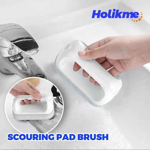 Hand using scouring pad from 6 Pack Kitchen Brush Set Dish Brushes Scouring Pad Wire Brush Gap Brushes on sink surface.