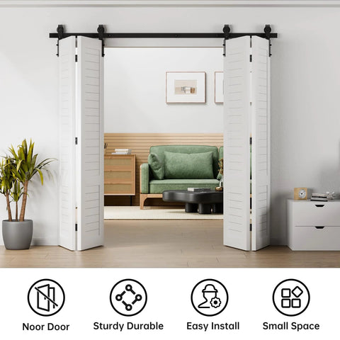 52 Inch Bi Folding Sliding Barn Door Hardware Track Kit For Small Spaces With Smooth And Quiet Operation Side Mounted Black Rollers Easy Install Door Not Included Fits Four 12 Inch Bifold Doors