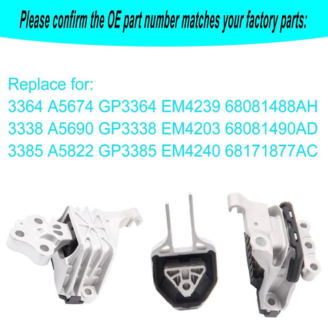 Dodge Dart Beefed-Up Engine And Transmission Mount Kit 2013-2016 2.0L 2.4L Replacement With Right Motor Mount And Rear Torque Strut Mount OE 3364 3338 3385 A5674 A5690 A5822 A5823 image showing three engine mounts against part number list.