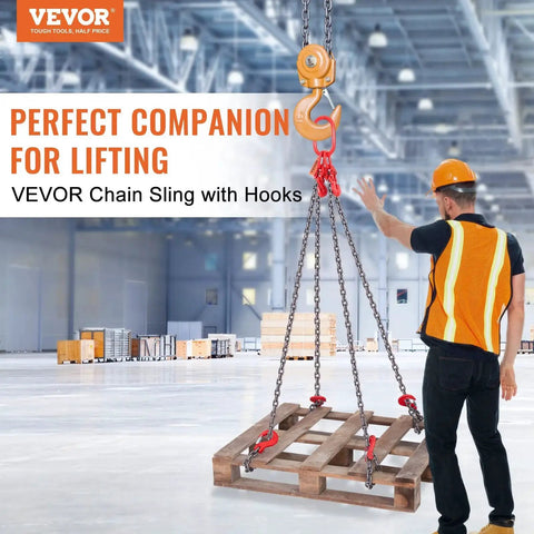 VEVOR 4-leg chain sling with red hooks lifting wooden pallet in warehouse; worker nearby.