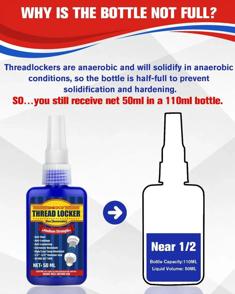Blue Thread Locker Medium Strength For Nuts Bolts And Fasteners Removable Anaerobic Adhesive This 50ml Bottle Prevents Loosening From Vibration In Automotive Machinery And DIY Projects, shown with half-full bottle illustration for solidification prevention.