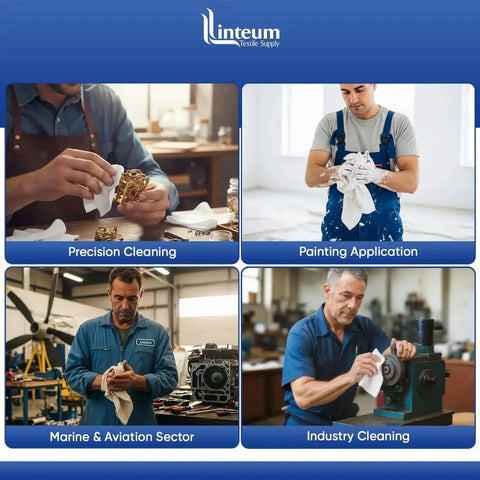 Four images showing Lint Free White Tshirt Rags 100 Percent Cotton Highly Absorbent Die Cut Jersey Wiping Towels in various cleaning uses.