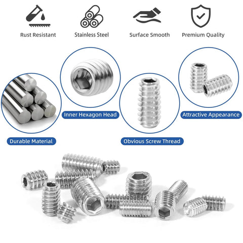 280 Piece Set Screw Kit With 28 Sizes Metric And SAE Allen Grub Screws In 304 Stainless Steel Internal Hex Drive Cup Point For Door Knobs And Faucets A Handy DIY Must Have For Bathroom Fixtures And Hardware Repairs, featuring stainless steel screws with hex heads and smooth finish.