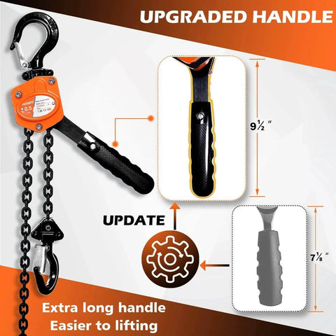 0.5 Ton Mini Lever Chain Hoist 5 Ft Ratchet Chain Puller With Upgraded Longer Handle And Heavy Duty Hooks shown with handle detail