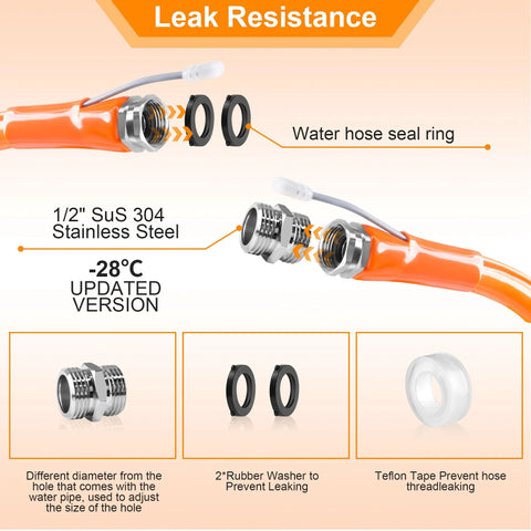 Ficstar 20ft heated RV water hose, 5/8 in ID with 3/4 in GHT adapter, orange hose and stainless fittings