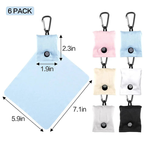6 Pack Microfiber Cloths For Glasses Screens Jewelry And Phones Keychain Pouch, showing cloth dimensions and carabiner clips