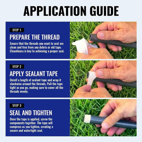 Application guide showing steps to prepare threads, apply High Density PTFE Plumbers Tape For Shower Heads Faucets And Water Line Connections Half Inch Wide White 460 Inch Length Food Safe No More Leaks Epic Seals, and seal them.