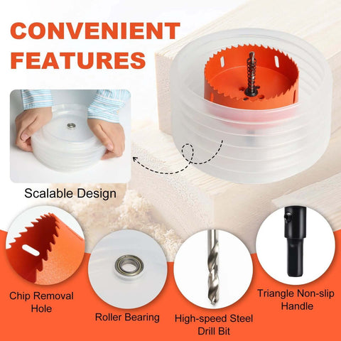 6 Inch Hole Saw Kit For Recessed Lights With Dust Bowl For Clean Precise Cuts In Wood Metal And Plastic Bi Metal Drywall Saw Teeth For Long Lasting Sharpness And Dust Free Drilling Ideal For Pros And DIYers Storystore showing design features like chip removal hole, roller bearing, and drill bit