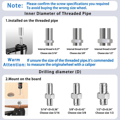 Instruction diagram for installing 4 Inch Stem Casters Set Of 4 Heavy Duty Swivel Castors with threaded stems on pipe and board
