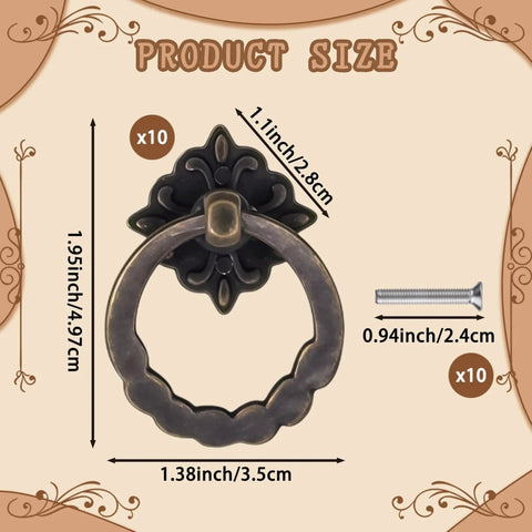 10 Piece Set Retro Style Bronze Drop Ring Cabinet Pulls For Dresser And Antique Drawers Includes Mounting Screws Single Hole Decorative Hardware