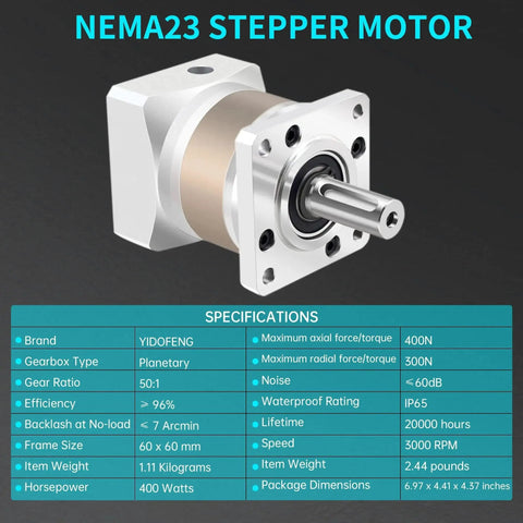 Planetary Gearbox 7 Arc Min Backlash Speed Reducer 50 To 1 Reduction For 8mm Shaft Nema23 Stepper Motor shown with specifications.