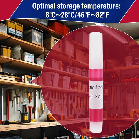 Red Thread Locker 271 High Strength 2ml Tube Pack Of 50 For Nuts Bolts And Fasteners Lock Tight Adhesion displayed in a workshop setting.