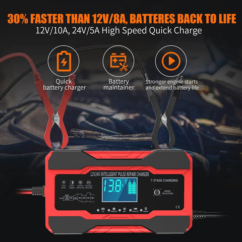 All In One 10 Amp 12V 24V Car Battery Charger Maintainer Trickle Charger And Desulfator With Temperature Compensation for lead-acid batteries.