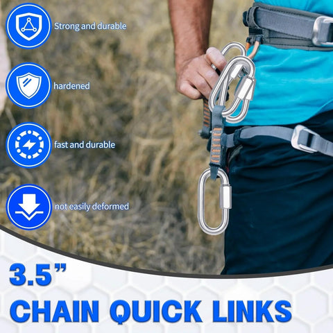 Person using 30 Pack M10 Quick Links And Three Eighths Inch Heavy Duty Locking Carabiners Set Four Inch Threaded Chain Link Connectors outdoors