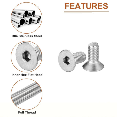 M5 0.8 X 12mm Flat Head Socket Cap Screws Set, 25 Pack, 304 Stainless Steel, Countersunk Hex Socket Bolts With Full Thread features image