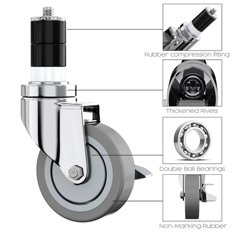 4-Inch Table Casters Set Of 4 With Expanding Stem Stainless Steel Locking Non Marring Rubber Wheels close-up with parts labeled