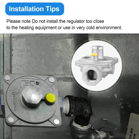 Installation view of Natural Gas Grill Regulator with Three Quarter Inch FNPT Inlet and Outlet Catilon in outdoor setting.