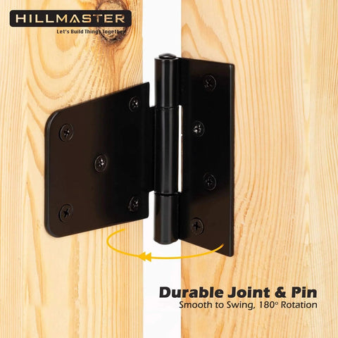 3.5 Inch Heavy Duty Gate Hinges Black Strap Hinges installed on wooden door, showing durable joint and 180° rotation for outdoor use