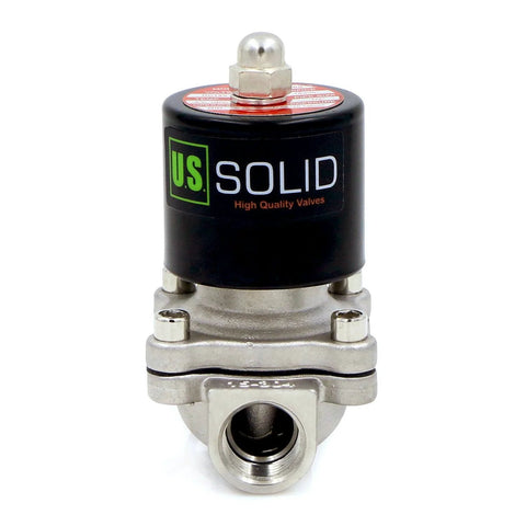 US Solid stainless steel solenoid valve, 1/2 inch, 110VAC, normally closed for air or water.