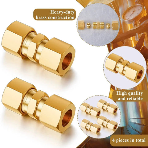4 Pack Brass Compression Tube Fittings 3/8 Inch OD Union Connectors For Copper Aluminum And Plastic Tubing With Watertight Seal