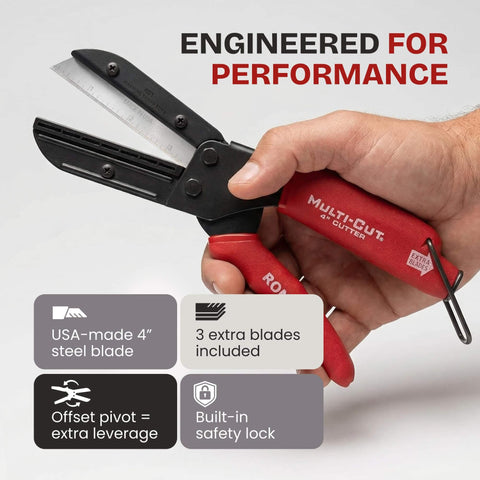 Multi-Cut 401 heavy-duty utility cutter in hand with 4 in steel blade, safety lock, and extra blades; engineered for performance