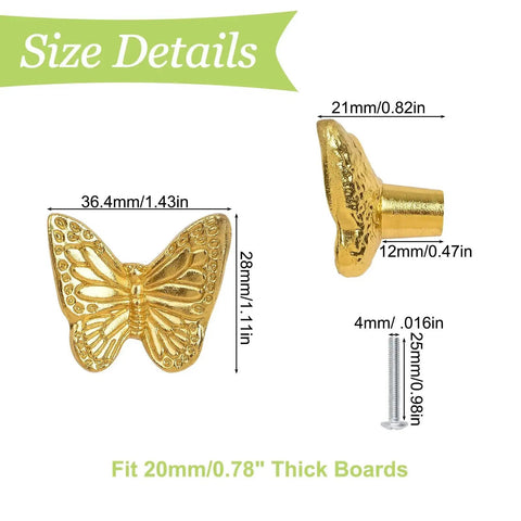Size details of Six Piece Zinc Alloy Drawer Knobs Antique Butterfly Pull Handles with screws for drawers and cupboards, gold finish.