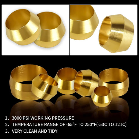 Brass compression sleeves, 5/8 in OD, 50-piece set, gold finish, front and side views