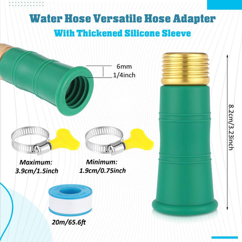 Green Innconee faucet hose adapter with brass 3/4 in thread; includes stainless steel clamps with yellow wing handles.