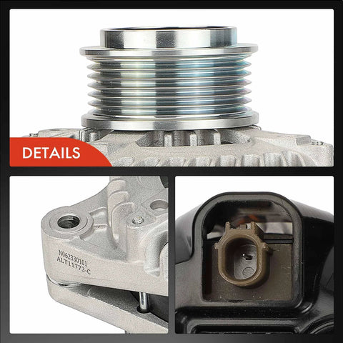 Detailed view of Alternator For Honda Pilot 2016 To 2022 Odyssey 2018 To 2023 Ridgeline 2017 To 2023 Passport 2019 To 2023 And Acura MDX 2014 To 2020 With 3.5L V6 12V 155A 6 Groove Clockwise Pulley Internal Fan Replacement Part Plug And Play showing pulley and connectors.