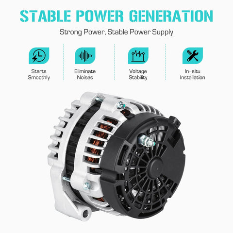 Beefed Up Alternator Replacement For Silverado 1500 05 06 And Avalanche 1500 05 06 Plus Sierra 1500 05 07 Sierra 1500 Classic 2007 And Escalade 2006 V8 V6 Ready Plug And Play shown with power generation features.