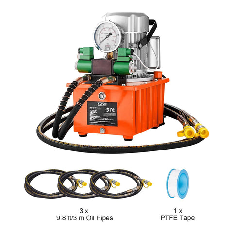 VEVOR 10000 PSI hydraulic pump system with 750W copper motor, orange power unit, gauge, hoses, and 8L cylinder