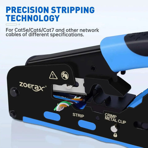Close-up of All In One Ethernet Crimping Tool Kit with wire stripper, showing precision stripping technology.
