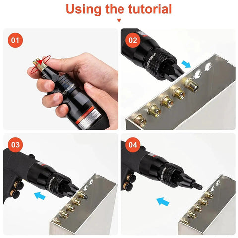 Step-by-step guide using Pneumatic Rivet Nut Gun Kit With Self Locking Head And Adjustable Speed, Four Size Quick Change Heads