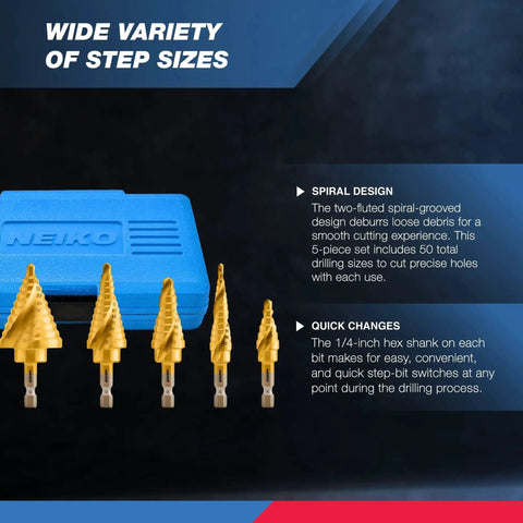 Pro Grade Step Drill Bit Set For Metal And Wood With Titanium Coated Unibits 50 Total Step Sizes In A 5 Piece SAE Spiral