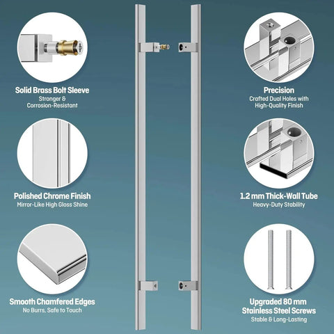 H-Shaped 1200mm Push Pull Door Handle Back To Back Mounting for barn front entrance, stainless steel 304 polished chrome, 1.2mm thick, 900mm CTC