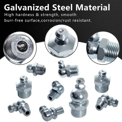 Galvanized steel Grease Fitting Assortment Kit SAE And Metric Zerk Fittings With Quarter Inch And Eighth Inch Nipples, pack of 45 pieces.