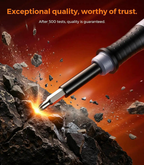 52in1 Mini Precision Screwdriver Set With S2 Military Grade Alloy Bits demonstrating durability against rock in promotional image