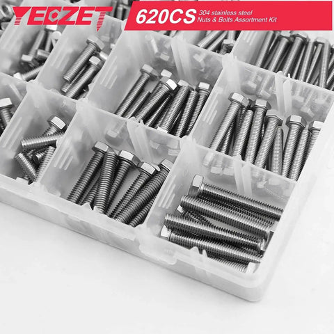Heavy Duty Stainless Steel Bolts And Nuts Kit 620 Pieces M4 M5 M6 304 Grade, organized in compartmentalized box.