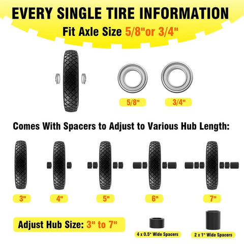 Flat Free Solid Tire And Wheel Set Two Pack 4.80 4.00 8 Inch For Wheelbarrows Hand Trucks Garden Trailers And Wagons With 5/8 Inch And 3/4 Inch Bearings showing adjustable hub and spacers