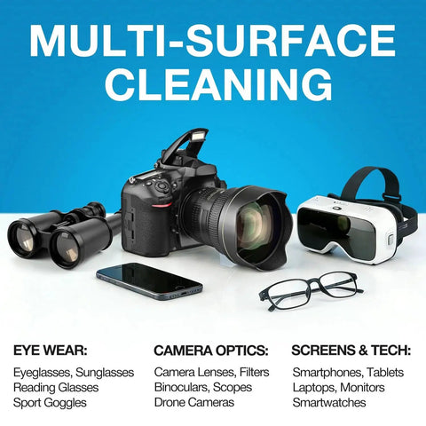 Multi-surface cleaning tools including camera, glasses, VR headset, and phone; 32 Pack Microfiber Cloths For Glasses And Screens Individually Wrapped Lint Free
