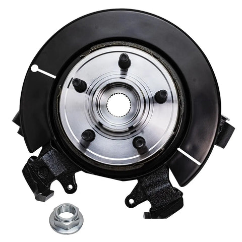 Rear Left Steering Knuckle With Wheel Bearing Hub Assembly For 2007-2010 Ford Explorer Sport Trac Mercury Mountaineer Replacement, Fits 2006-2010 Models, Beefed-Up OE Style Part, Easy Install - front view showing assembly and nut