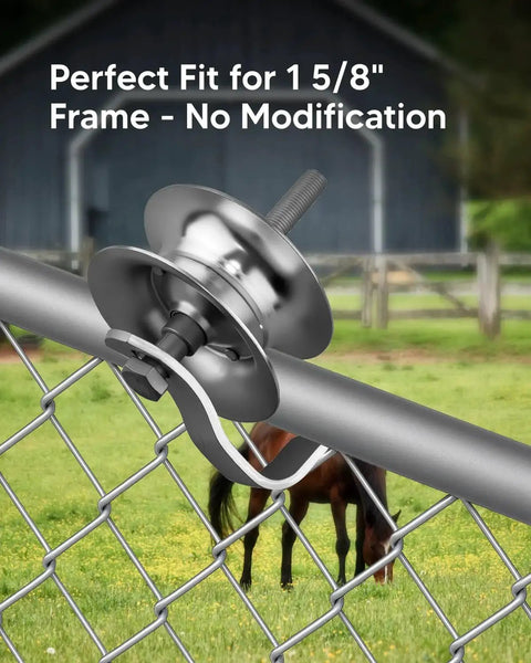 Image of Two Pack Five Inch Sliding Gate Rollers With Galvanized Steel Wheel For One And Five Eighths Inch Pipe Track Outdoor Rustproof Smooth And Quiet For Fence Gate Or Yard Sliding Doors Easy Three Minute Installation For DIY Novices attached to a chain link fence.