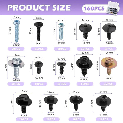 160 Piece Metal Car Screw Kit With 14 Size Options Pan Head Self Tapping Screws on grid showing all sizes and quantities
