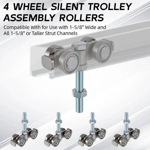Image of 4 Pcs Silent Trolley Assemblies with 4 Wheel Rollers for Quiet Movement in 1-5/8 Inch Wide Strut Channel.