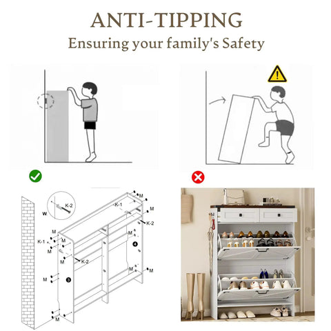 Anti-tipping safety illustrations and setup for Farmhouse Narrow Shoe Cabinet With Odor Control Deodorizer 2 Flip Drawers.