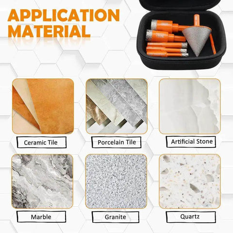 Diamond Core Drill Bit Kit For Tile And Porcelain, 8pc Go-To Triangle Shank Hole Saw Set shown with application materials